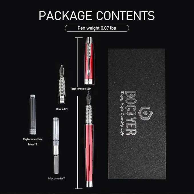 BOCIYER Fountain Pen with Fine Nib & Black Ink, Refillable & Elegant Bent Nib Design, Calligraphy Pens for Writing, Best Fountain Pen for Smooth & Fancy Writing (Red)