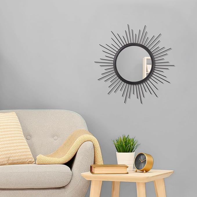 Black Sunburst Spoked Mirrors for Wall Boho Home Round Wall Art Mirror Classic Metal Modern Hanging Mirror Living Room Hallway Bathroom Bedroom Office Vanity Entryway 16"