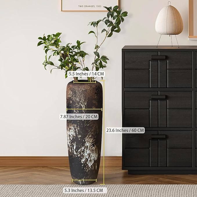 Black Rustic Ceramic Tall Floor Vase, 23.6 Inch Vintage Large Farmhouse Vase Pottery Clay Terracotta Rustic Vases for Home Decor Living Room Entryway Table Centerpieces,Kitchen,Housewarming Gifts