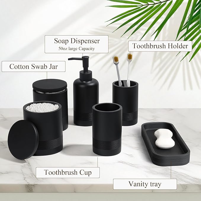 LIN CHUAN 6-Piece Bathroom Accessories Set, Organizer Set with Soap Dispenser, Toothbrush Holder Set, Vanity Tray, Tumbler & 2 Cotton Swab Jars – Modern Stylish Bathroom Storage(Matte Black)