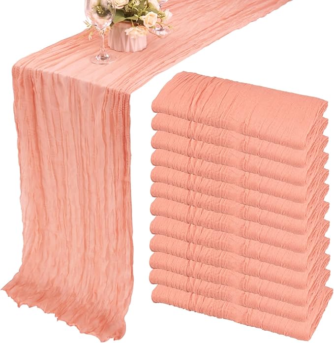 12 Pack 10Ft Cheesecloth Boho Gauze Table Runner - 35x120 Inch Rustic Cheese Cloth Long Table Runner for Wedding, Bridal Shower, Birthday Party Decor (Peach Coral)