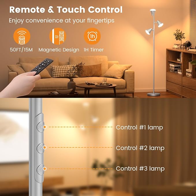 SIBRILLE 36W LED Tree Floor Lamp, Dimmable Tall Standing Lamp with Remote & Touch Control, 4 Color Temperatures Bright Floor Lamp, 3 Rotatable Light Modern Floor Lamps for Living Room Bedroom Office