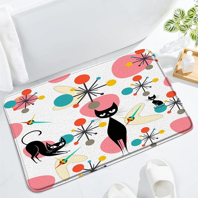 Mid Century Black Cat Bath Mat,Pink Teal Modern Atomic Geometric Bathroom Rug Shower Floor,Retro 50s 63s Vintage Bath Rug,Absorbent Doormat Bedroom Rug Kitchen Toilet