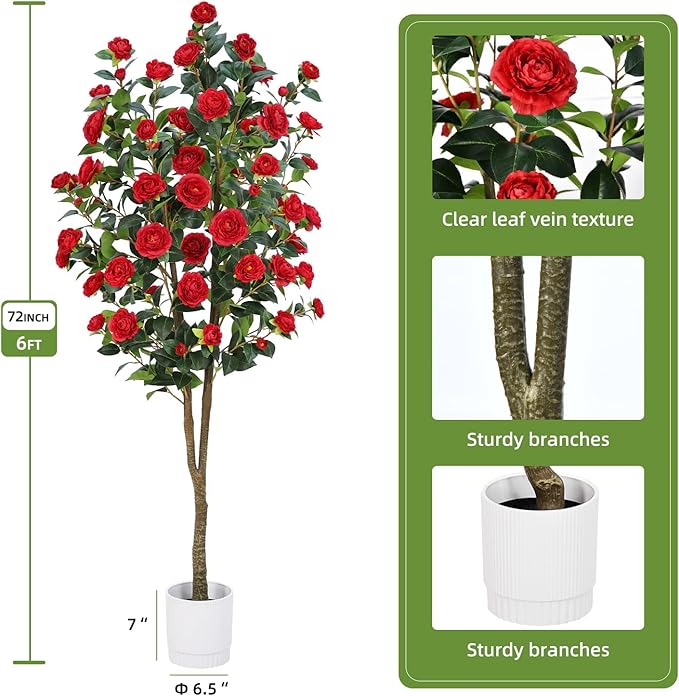 Artificial Camellia Tree 6FT – Nearly Natural Faux Plants Indoor, with Easy Assembly, Low Maintenance, Ideal for Both Indoor Decoration and Other Purposes，Perfect Porch Christmas Trees (Red 6ft)