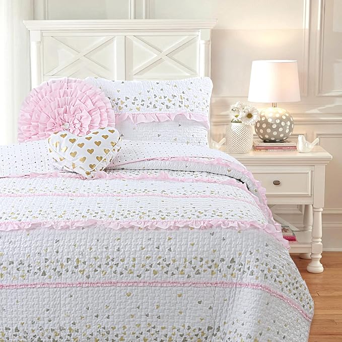 Cozy Line Home Fashions Pink Ruffle Gold Hearts Girl 100% Cotton Reversible All-Season Coverlet, Bedspread, Quilt Bedding Set (Sparkling Hearts, Twin)