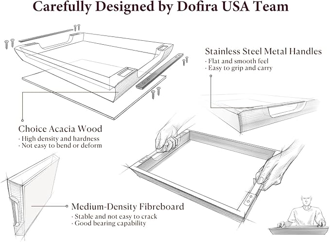 Acacia Wood Serving Tray with Metal Handles, 15x10 Inch Decorative Tray for Coffee Table Ottoman - Rustic Wooden Breakfast & Drink Tray, Farmhouse Centerpiece