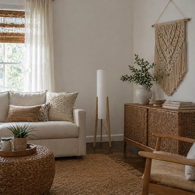 MIXL-Tripod Wooden Tall Floor Lamp,Fabric Drum Shade Corner Standing Lamp,Farmhouse Style Floor Light for Nursery and Study Room