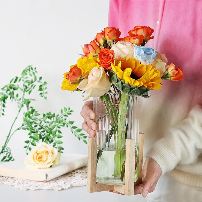 Glass Cylinder Vase with Wood Base,Bud Vase for Centerpieces,8 Inches Clear Ribbed Flower Vase,Tall Glass vase Hurricane Candle Holder,Wooden Vase Decorative for Home Decor,Wedding,Housewarming Gift