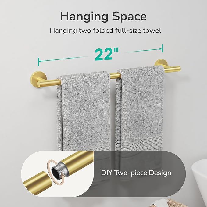 USHOWER Light Gold Towel Bar, 22-Inch Towel Racks for Bathroom Wall-Mounted, SUS304 Stainless Steel Towel Rod (Total Length 24-Inch)
