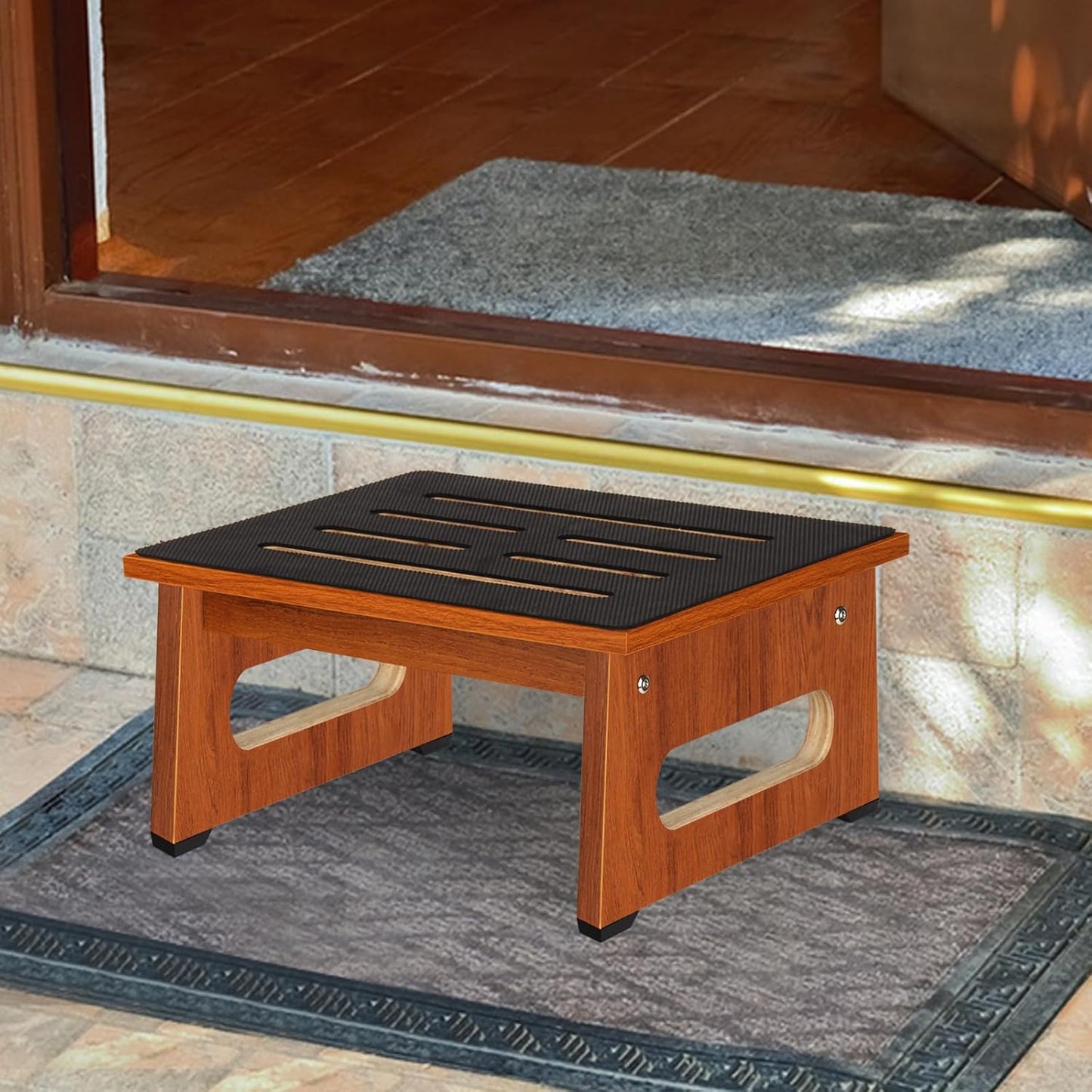 Wooden Step Stool - Non-Slip Design with 450 LBS Capacity | Easy Assembly for High Beds & Bathrooms - Rustic Brown