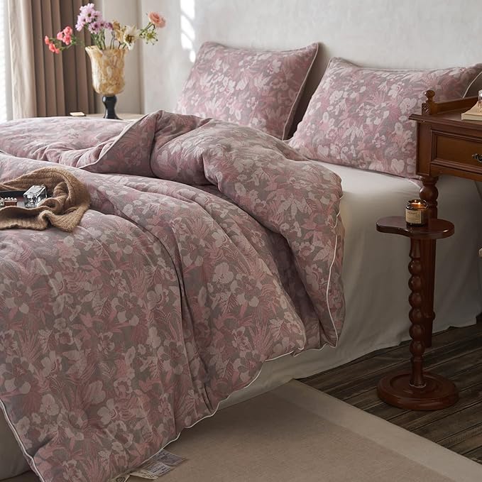 HighBuy Muslin Cotton Comforter Set Full Size Pink Floral Bedding Comforters Set 3 Piece Lightweight Soft & Warm Bed Comforter Full with 2 Pillowcases,Boho Chic Bedding Set