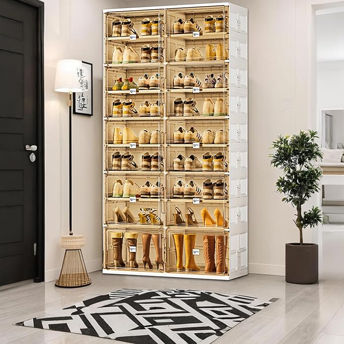 wesimple 36 Pairs Shoes Storage Cabinet of 3-Step Fast Installation,Plastic Shoe Rack with Clear Magnetic Door for Display, Shoe Organizer for Sneaker, Sandals, Heels (2 Row, 9 Tier)