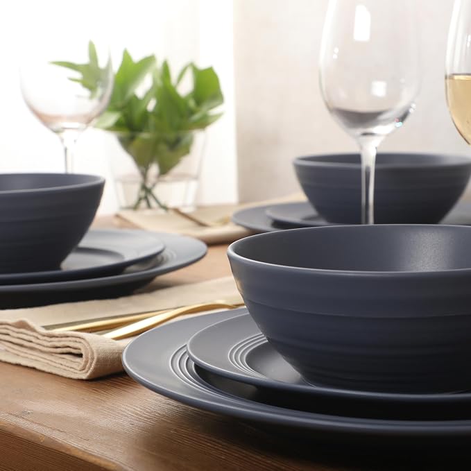 Gibson Elite Soleil 12 Piece Echo Blue Stoneware Dinnerware Set for 4, Plates and Bowls Set with Dinner Plates, Salad Plates and Bowls