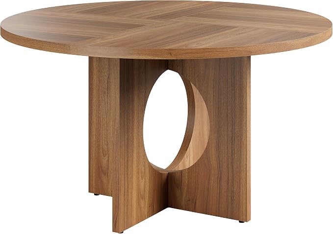 Garvee 47" Round Dining Table for 4-6 People - Circle Kitchen Dinner Table with Sturdy Pedestal Base, Space Saving Dinning Room Furniture for Living Room, Kitchen, Apartment, Brown