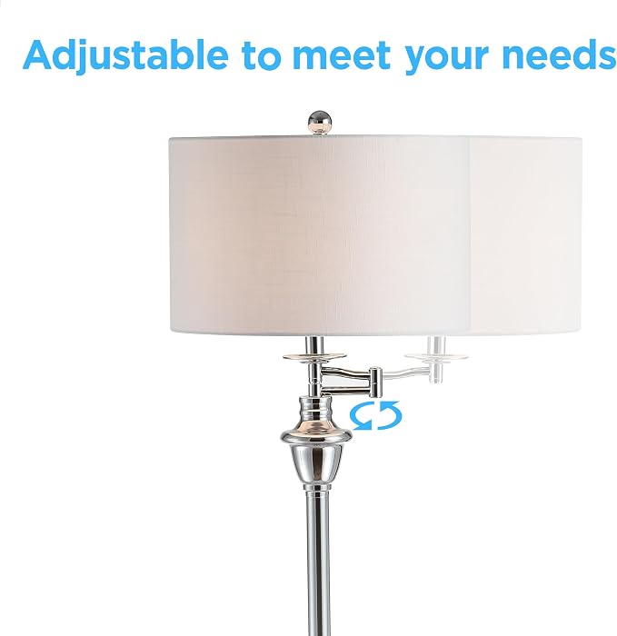 JONATHAN Y 60" Chrome Floor Lamp with Integrated Glass Side Table, Modern Swing Arm Standing Lamp for Living Room, White Linen Shade, LED Bulb Included (JYL3055B)