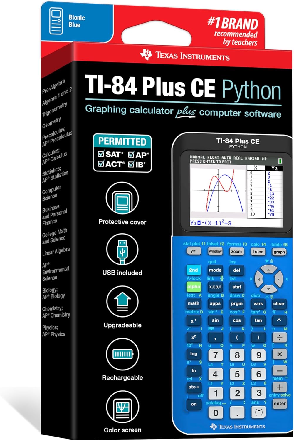 Texas Instruments TI-84 Plus CE Color Graphing Calculator - Bionic Blue, Compact & Powerful