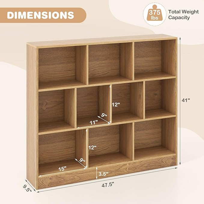 HONEY JOY Kids Toy Storage Organizer, 10-Section Wooden Floor Storage Cabinet, 41” Daycare Toy Chest, 3-Tier Kids Display Bookshelf for Classroom, Playroom & Nursery, Kindergarten (Natural)