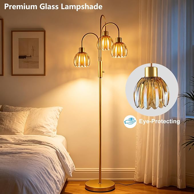 3-Light Glass Floor Lamp, 70" Gold Dimmable Standing Tall Lamp with Amber Ribbed Glass Shades &3PCS 3000K Warm White Bulbs, Modern Tree Pole Lamp for Living Room Bedroom Home Office Corner Decor