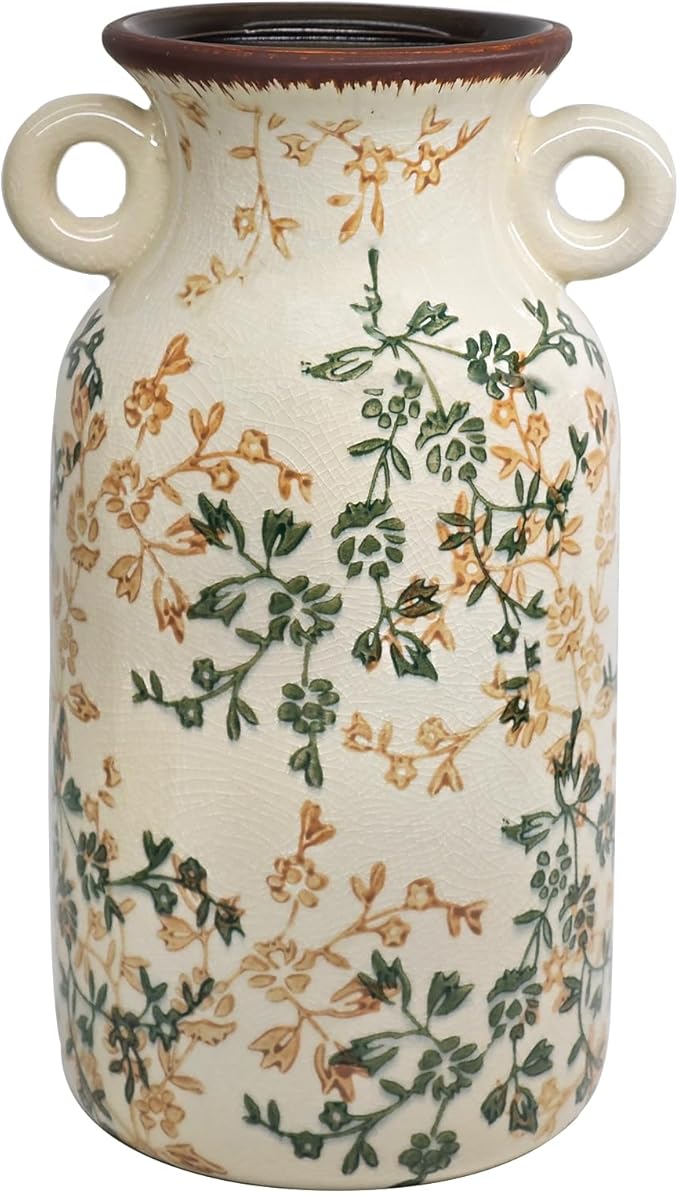 Vintage Ceramic Flower Vase Home Decor - Tabletop Rustic Tall Vase for Decor Living Room Bookshelf Office Kitchen Farmhouse, White Vases for Bouquet, Symmetric Holes | Grand Millennial | 9.1inch