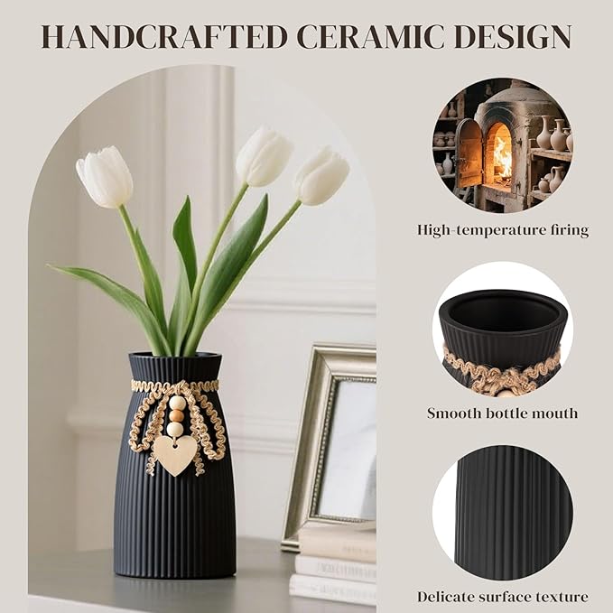 JOHOUSE Black Ceramic Vase, Small Flower Vase for Pampas Grass, Home, Living Room, Dining Table, Farmhouse, Office Decor, Bedroom, Table, Kitchen Shelf, Minimalist Modern Home Decoration
