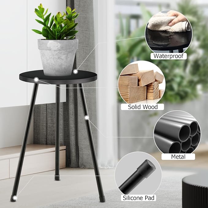 KINNARY Tall Plant Stand, Mid Century Wood Indoor Plant Stand Black Plant Table for Flower Pots, Metal Plant Holder, Modern Home Decor Small Round Side End Table (11.8"x20")