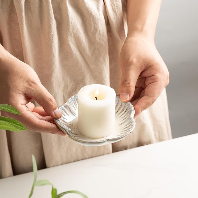 BEUNAIZER Ceramic Pillar Candle Holder Plates, Decorative Candlestick Holder, Tea Light Incense Santo Palo Holders, for Dinning, Party, Wedding, Birthday, Anniversary, 1pack (Vintage White)