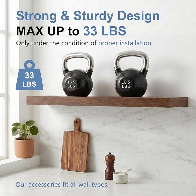 Walnut Floating Shelves Set of 2, 24 Inch Rustic Wood Wall Mounted Shelves for Bathroom, Bedroom, Living Room & Kitchen, Farmhouse Storage & Display Shelves