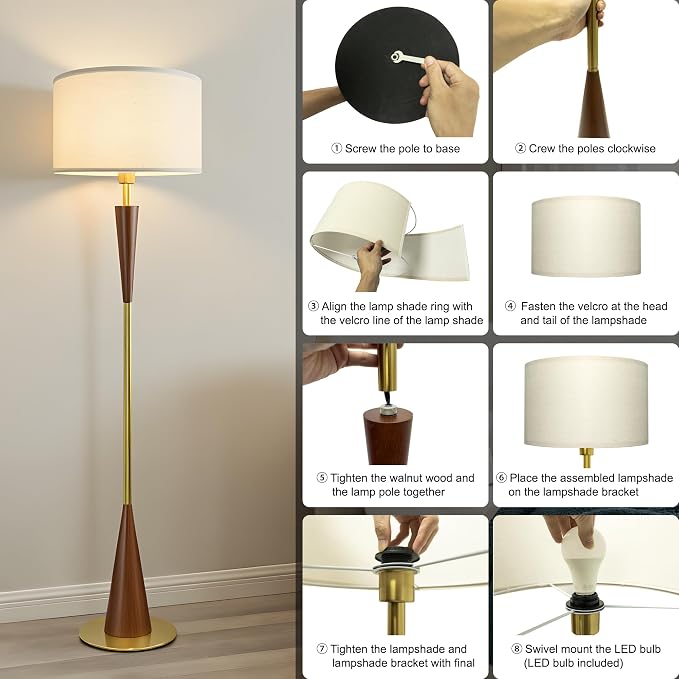 Floor Lamps for Living Room,61.5" Wood Floor Lamp,Retro Farmhouse Standing Lamp Includes 9W Bulb with 3-Color Temperature,Tall Lamp for Bedroom,Dining Room,Living Room,Corner,Bronze