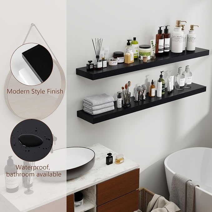 fuqing Black Floating Shelves 48 Inch, Solid Wood Wall Mounted Shelves Set of 2, Extra Long Modern Floating Shelves for Wall Decor & Storage, Shelves for Bathroom Bedroom Kitchen Living Room - Black