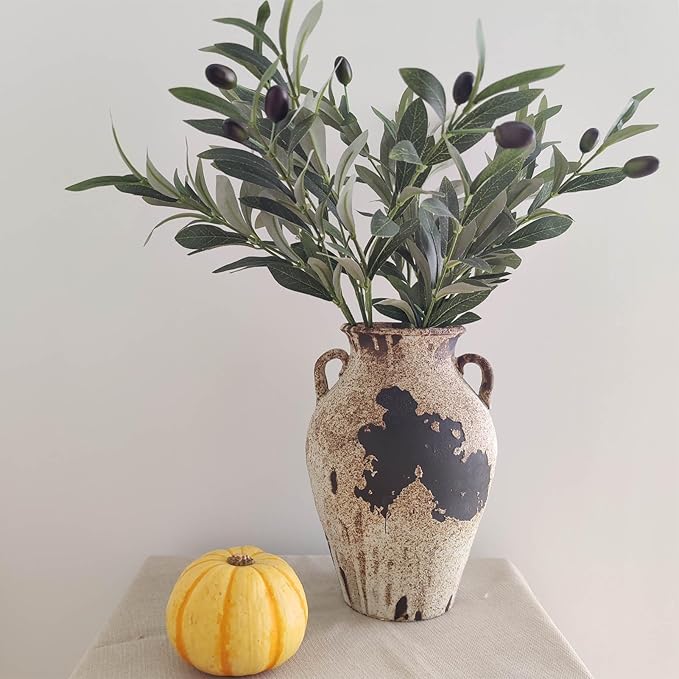 Pottery Vase - Vintage Rustic vase, 10" White Farmhouse Weathered Terracotta Vases, Handmade Clay Vase with Two Handles, Tall Textured Antique vases for Home Decor, Entryway, Fireplace Mantel Deco