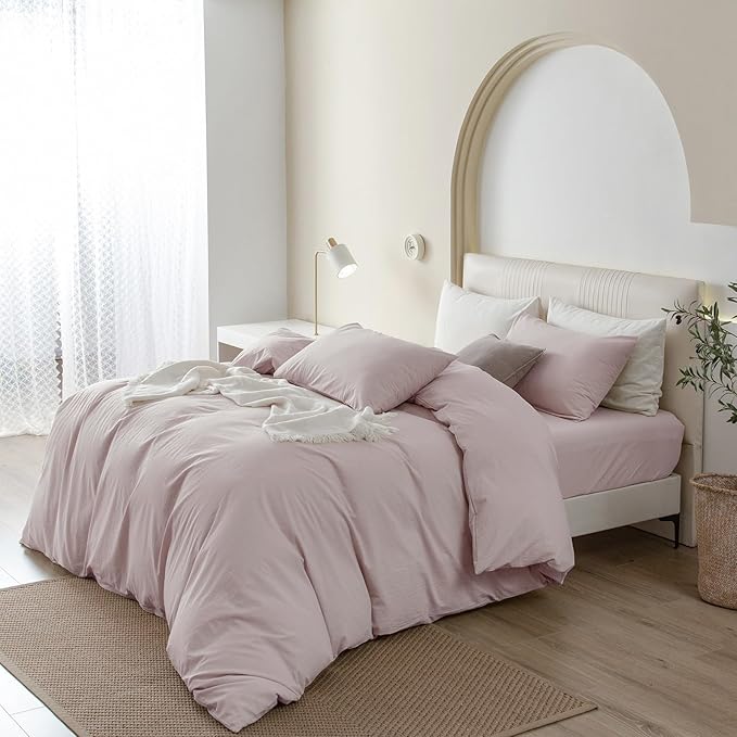 JIYUAN 100% Washed Cotton Duvet Cover Set 3 Pieces Alaska King, 1 Duvet Cover 132x120 Inches(Comforter Not Included) and 2 Pillowcases,Linen Like Comfy and Breathable,Heathered Greyish Pink