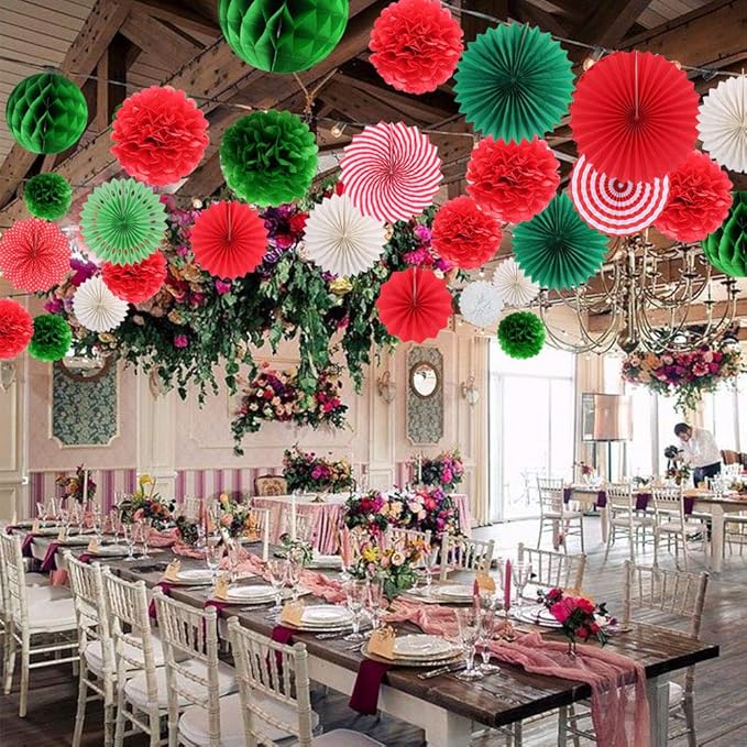 Hanging Party Decorations Set Tissue Paper Fan Paper Pom Poms Flowers and Honeycomb Ball for Christmas Wedding Engagement Graduation Party Decor Green Red Kit