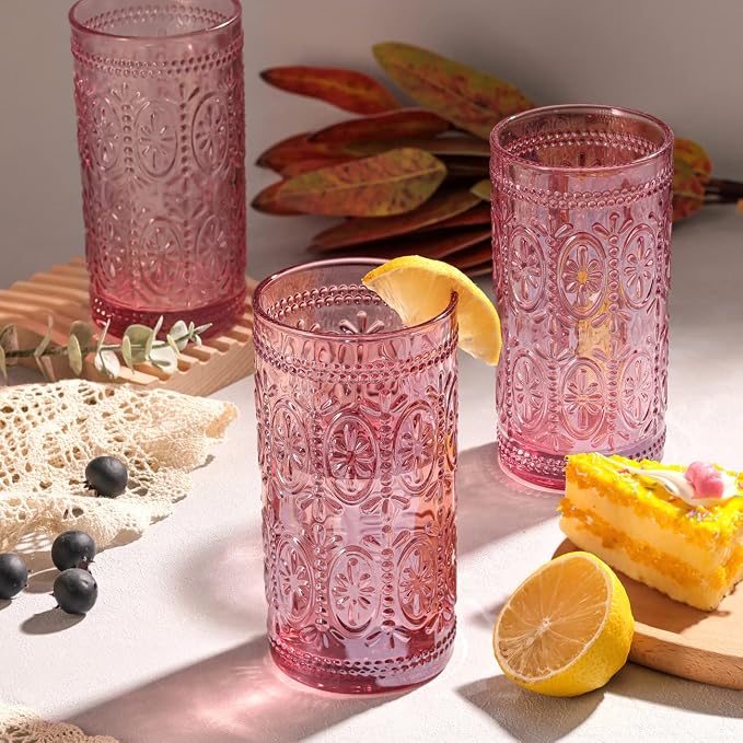 Darlion 6 Pack Pink Glassware Drinking, 12oz Highball Embossed Beverage Glass Cup, Vintage Drinking Glasses, Colored Water Glasses for Party Wedding Home Office and Gift