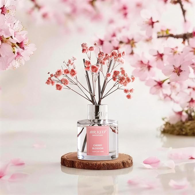 Airkeep Reed Diffuser Set,1.69 fl oz (50 ml) - Cherry Blossom Oil Diffusers with 8 Reed Sticks,Home Fragrance Reed Diffuser for Bathroom Shelf Decor