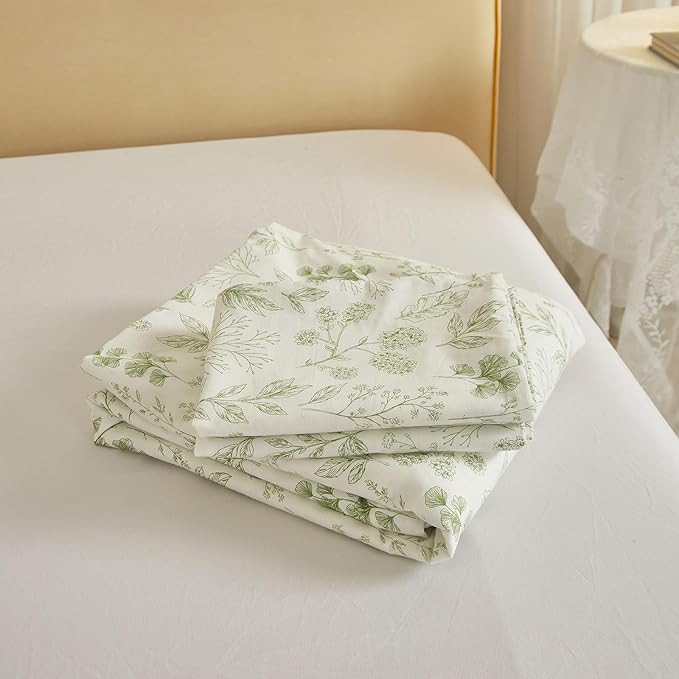 EAVD Reversible Botanical Floral Duvet Cover King Soft Cotton Chic Shabby Garden Green Floral Bedding Set with 2 Pillowcases Fresh Vintage Style Green Floral Comforter Cover with Zipper Closure