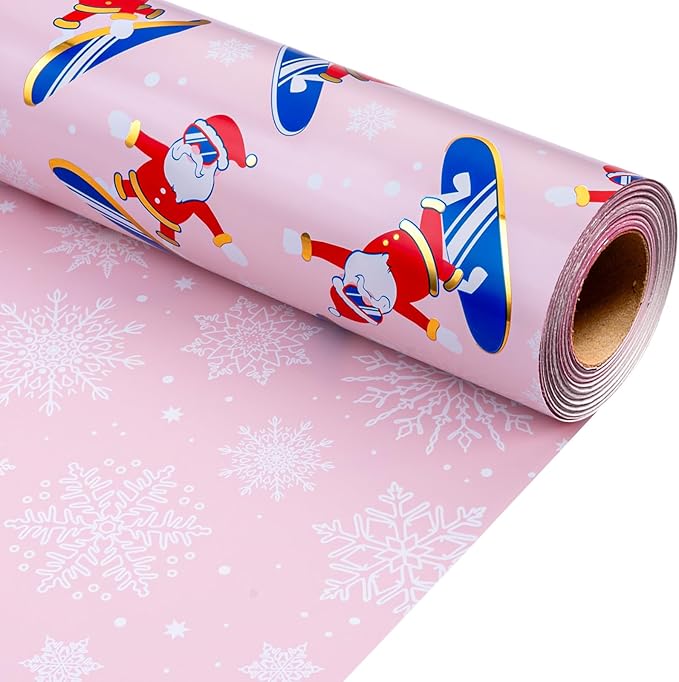 MAYPLUSS Christmas Wrapping Paper Roll - 17 Inch X 33 Feet - Skiing Santa Claus Gift Wrapping Paper Reversible Snowflake Thick Wrap Paper for Holiday Party New Year Kids