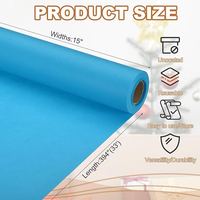 PATIKIL Wrapping Paper, 15" x 394"(33') 70 GSM Craft Paper Roll Kraft Packing Paper for Poster Bulletin Board, Gift Wrapping, Light Blue