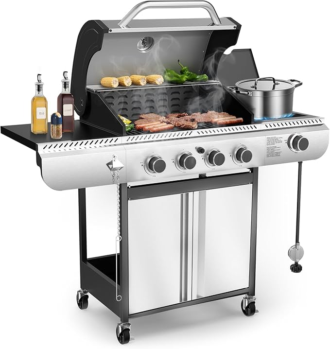 Electactic G41 Gas Grill,4-Burner Gas BBQ Grill with Side Burner, Porcelain-Enameled Grills, 42,000 BTU Stainless Steel Propane Grill for Outdoor Cooking and Patio Barbecues