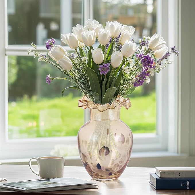 Hand Blown Amber Glass vase, Unique Glass Wide Mouth vase for Console Office TV Stand Coffee Table entryway Entrance Desktop Living Room Dining Table Centerpiece.