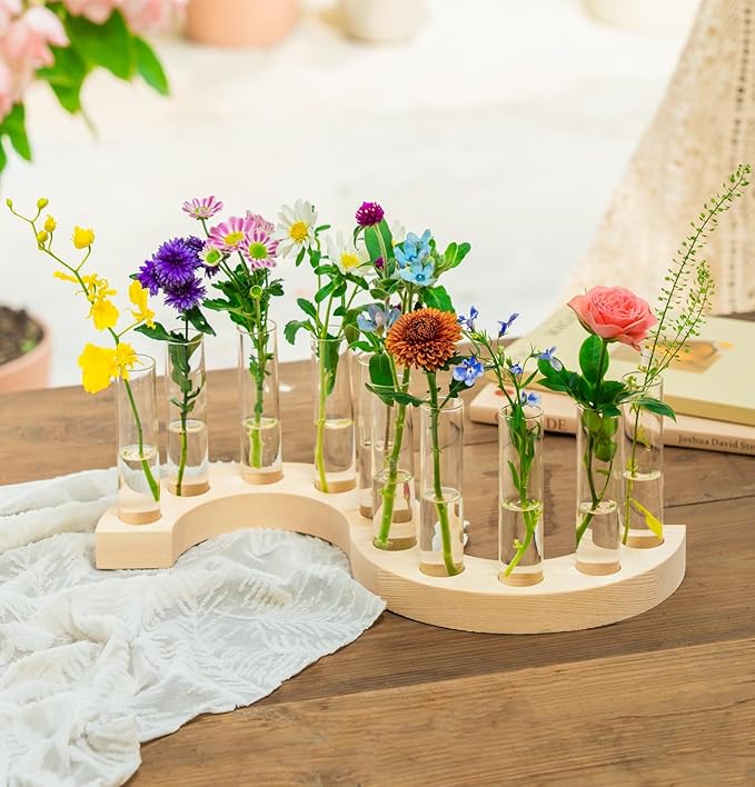 Melphoe Glass Bud Vases Small Flower Vase for Centerpieces Wedding Table Decorations, Home Decor, Propagation Station Plant Terrarium with Wooden Stand, Unique Plant Lover Gifts for Women (Beige)