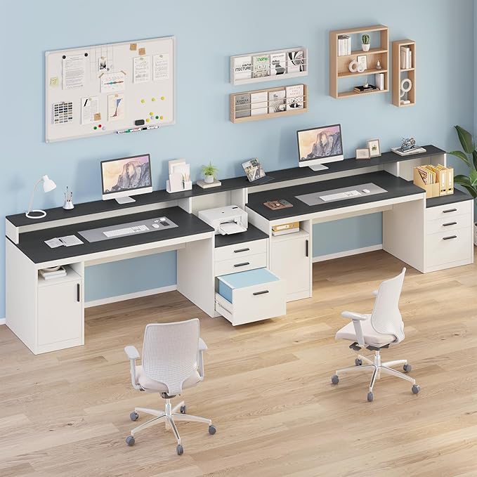65 Inch Computer Desk with 3 Drawers & Storage Shelves, Executive Desk with File Drawer & Cabinet, Home Office Desk with Long Monitor Stand & Printer Shelf, Black & White