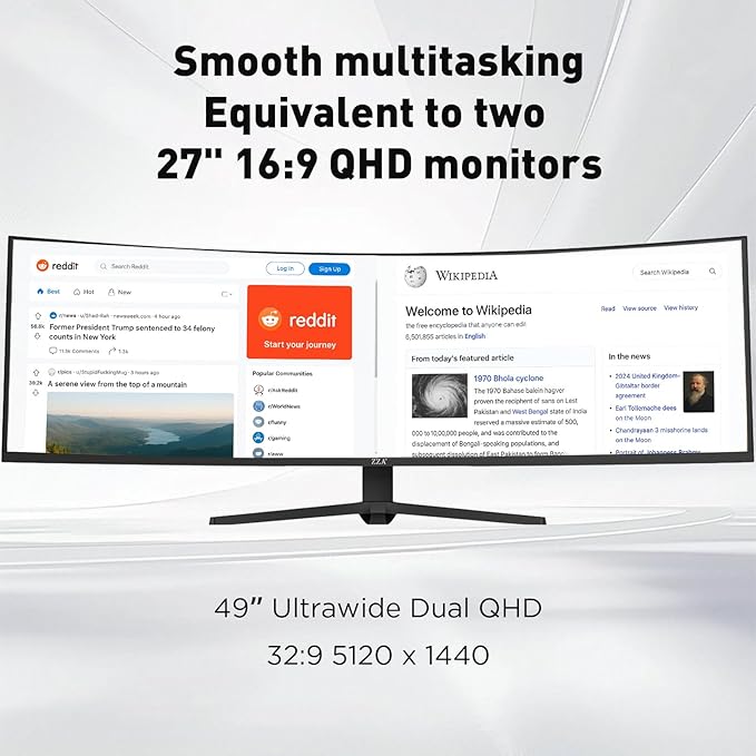 ZZA 49 Inch Ultrawide Curved Gaming Monitor, 165Hz, DQHD 5120x1440P, 1500R, Ultra-Wide 32:9 Screen, HDMI 2.0&DP1.4, 1ms MPRT, HDR, FreeSync G-Sync Compatible, VESA Compatible, Height/Tilt Adjustable