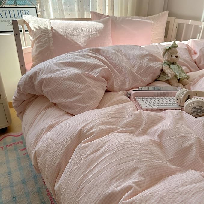 VM VOUGEMARKET Pink Full Comforter Set 3 Pieces Romantic Lace Bedding Set Simple Cozy Plaid Gingham Comforter/Quilt for Teen Girls Students