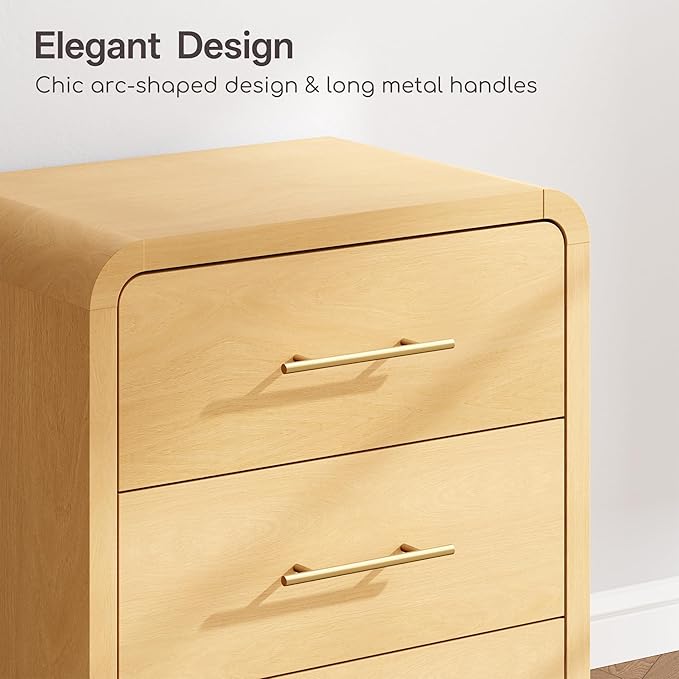 Curved 3-Drawer Nightstand Dresser Set of 2, 23.6'' Wide Modern Wood Bedside Tables with Long Metal Handles, Large Storage End Tables for Bedroom, Office, Natural Oak