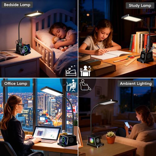 Cozoo LED Desk Lamp - 15W Bright Light with Wireless Charger & Pen Holder | Gooseneck Design for Home Office & Study