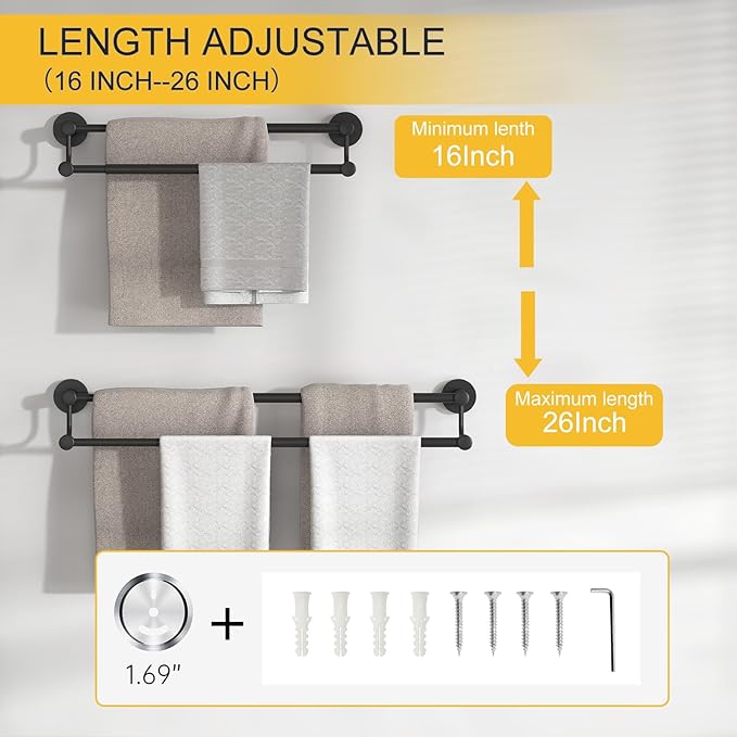 BESy Adjustable 16-26 Inches Double Bath Towel Bar for Bathroom SUS304 Stainless Steel Towel Holder, Hotel Style Wall Mount with Screws Hand Towel Bar Towel Rack Rod Hanger, Matte Black Finish