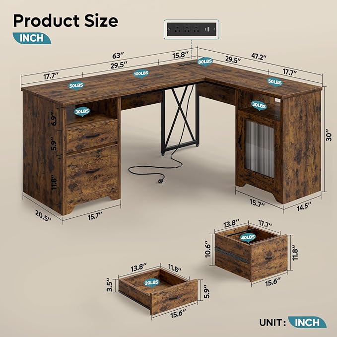 Bestier Farmhouse L Shaped Desk with Drawers, 63" x 47" Office Computer Desk with Charging Station & Fluted Storage Cabinet, Corner Desk with File Drawers, Modesty Panel for Home Office, Rustic Brown