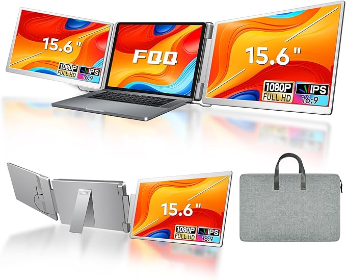 FQQ 15.6" Laptop Screen Extender, Left Screen 360° Flip Triple Screen Monitor Extender, FHD 1080P IPS Portable Travel Monitor Display, fit for 12–18.5" Laptops, Compatible with Windows and MacBook-S10