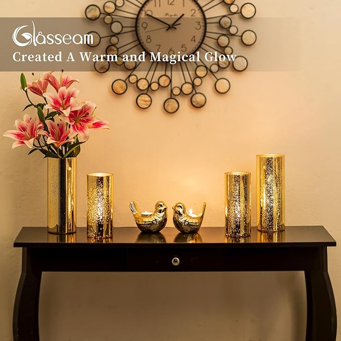 Glasseam Gold Cylinder Vases for Centerpieces: 6 Modern Mercury Hurricane Glass Vase Set for Flowers - Decorative Golden Pillar Candle Holders for Wedding Party Dining Room Table Decor