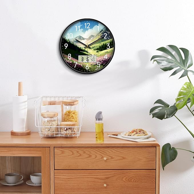 Mountain Wildflowers Wall Clock, 14 Inch Silent Non-Ticking Battery Operated Analog Clock with LCD Date Day Temp Display, Decorative for Living Room, Bedroom, Kitchen, Farmhouse, Cabin
